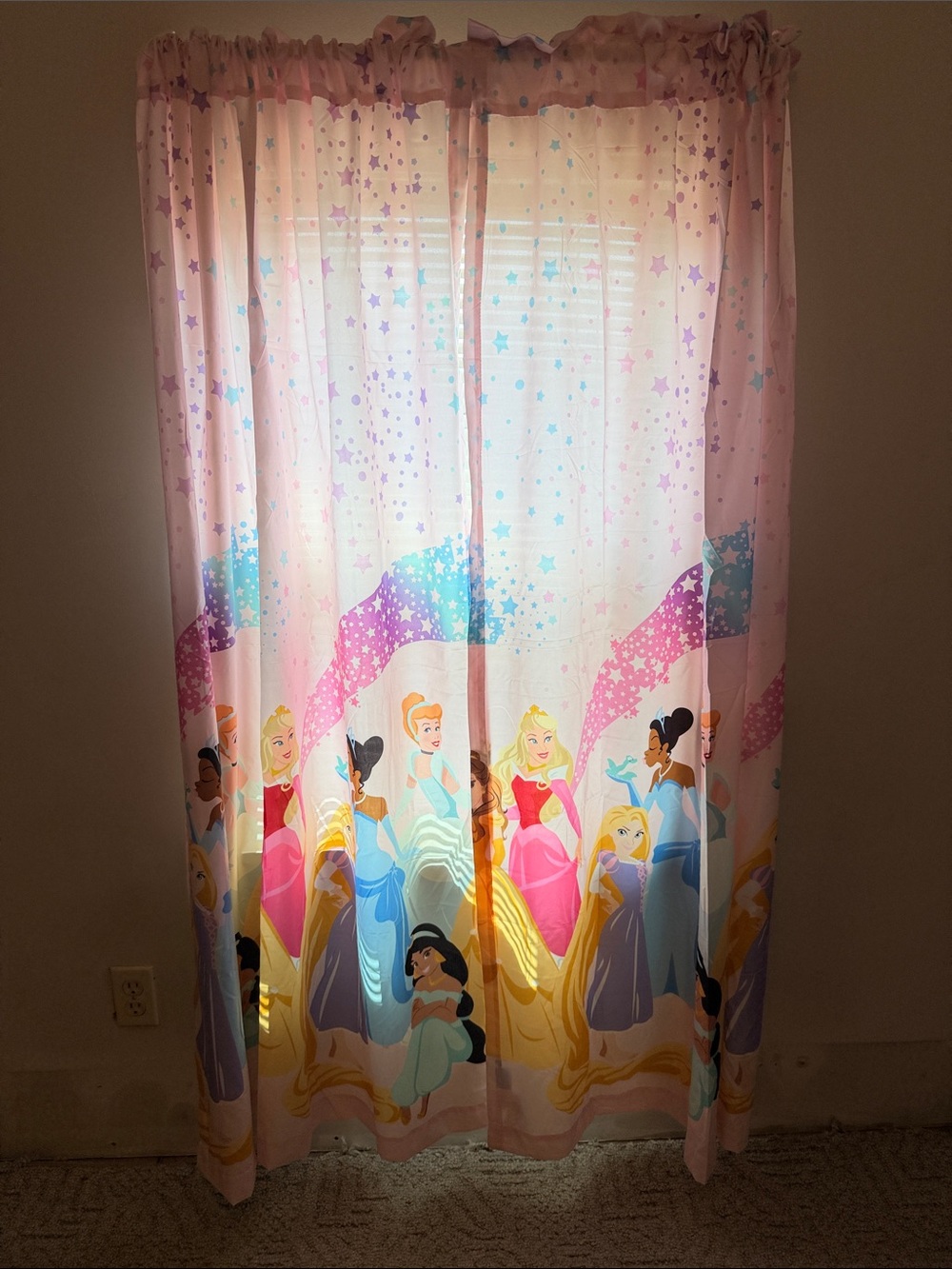 Kids Princess Panel Curtains in Pastel Pink with Multicolor Princess Print - Picture 2 of 4